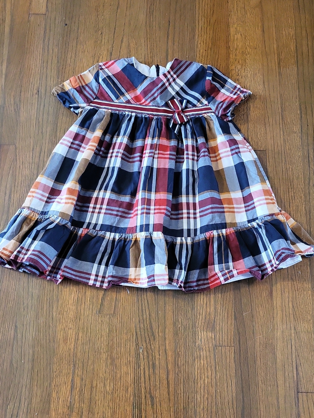 Plaid Ruffle-Hem Kids Dress with Waist Bow in Navy, Red & Tan